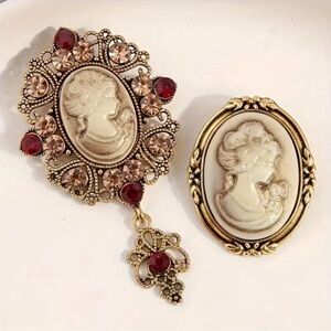 Cameo Brooch Set Gold Tone Garnet Red Stone Victorian Style Pin Pendant NWT